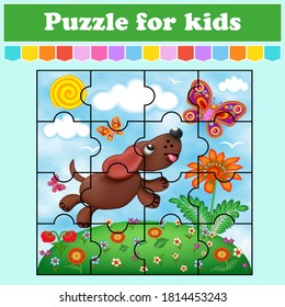 Puzzle game for kids. Illustration of a cartoon dog in  meadow with flowers and berries runs after a beautiful butterfly. Education worksheet. Color activity page. Riddle for preschool.  Cartoon style