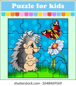 Jogo de quebra-cabeça para crianças. Ilustração de um ouriço de desenho animado em um prado com flores que está assistindo a uma linda borboleta. Planilha de educação. Enigma para pré-escolares. Estilo de desenho animado.