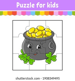 Puzzle game for kids. Jigsaw pieces. Color worksheet. Activity page. St. Patrick's day. Isolated vector illustration. Cartoon style.
