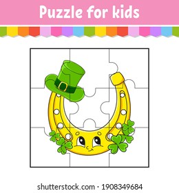 Puzzle game for kids. Jigsaw pieces. Color worksheet. Activity page. St. Patrick's day. Isolated vector illustration. Cartoon style.