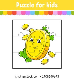 Puzzle game for kids. Jigsaw pieces. Color worksheet. Activity page. St. Patrick's day. Isolated vector illustration. Cartoon style.