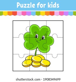 Puzzle game for kids. Jigsaw pieces. Color worksheet. Activity page. St. Patrick's day. Isolated vector illustration. Cartoon style.