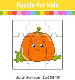 Puzzle game for kids. Jigsaw pieces. Vegetable pumpkin. Color worksheet. Activity page. Isolated vector illustration. cartoon style.