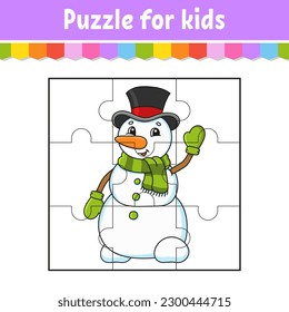 Puzzle game for kids. Jigsaw pieces. Color worksheet. Christmas theme. Activity page. Isolated vector illustration. cartoon style.