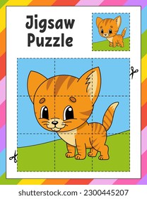 Puzzle game for kids. Jigsaw pieces. Color worksheet. Activity page. cartoon style. Vector illustration.