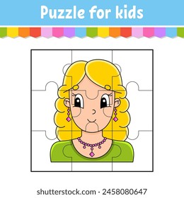 Puzzle game for kids. Jigsaw pieces. Color worksheet. Activity page. cartoon style. Vector illustration.