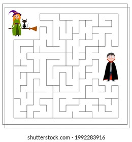 a puzzle game for kids, a maze. dracula and the witch, Halloween. Vector illustration isolated on a white background.