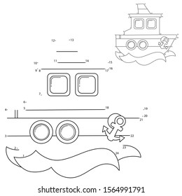 Puzzle Game for kids: numbers game. Cartoon ship or steamer. Coloring book for children.