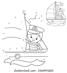 Puzzle Game for kids: numbers game. Cartoon sail ship with sailor on the deck. Coloring book for children.