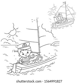 Puzzle Game for kids: numbers game. Cartoon sail ship with sailor on the deck. Coloring book for children.