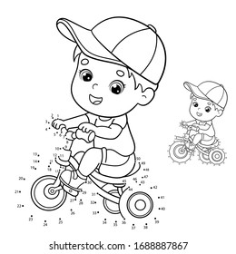 Puzzle Game for kids: numbers game. Coloring Page Outline Of a cartoon boy riding a Bicycle or bike. Coloring book for children.