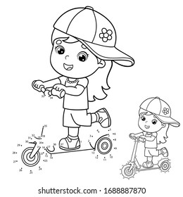 Puzzle Game for kids: numbers game. Coloring Page Outline Of cartoon girl on the scooter. Coloring book for children.