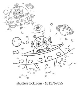 Puzzle Game for kids: numbers game. Coloring Page Outline of cartoon flying saucer with little alien. Coloring book for children.