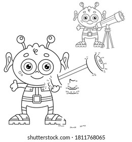 Puzzle Game for kids: numbers game. Coloring Page Outline Of cartoon little alien with telescope. Coloring book for children.