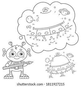 Puzzle Game for kids: numbers game. Coloring Page Outline of cartoon flying saucer with little alien. Coloring book for children.