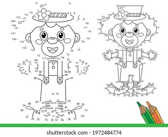 Puzzle Game for kids: numbers game. Coloring Page Outline of cartoon circus clown. Coloring Book for children.