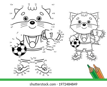 Puzzle Game for kids: numbers game. Coloring Page Outline Of Cartoon cat with cup and soccer ball. Champion or winner of football game. Coloring Book for children.