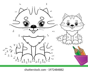 Puzzle Game for kids: numbers game. Coloring Page Outline of cartoon funny cat. Coloring Book for children.