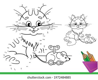 Puzzle Game for kids: numbers game. Coloring Page Outline of cartoon cat with toy mouse. Coloring Book for children.