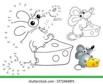 Puzzle Game for kids: numbers game. Coloring Page Outline of cartoon little mouse with cheese. Coloring Book for children.