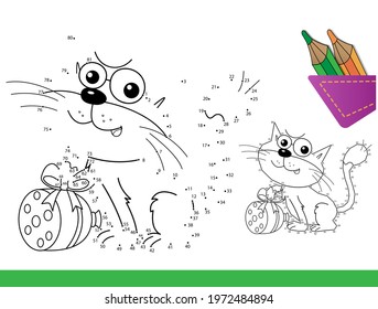 Puzzle Game for kids: numbers game. Coloring Page Outline of cartoon funny cat with sausage. Coloring Book for children.