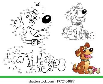 Puzzle Game for kids: numbers game. Coloring Page Outline of cartoon dog with bone. Coloring Book for children.
