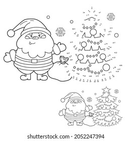 Puzzle Game for kids: numbers game. Coloring Page Outline of Christmas tree with Santa Claus. New year. Christmas. Coloring Book for children.