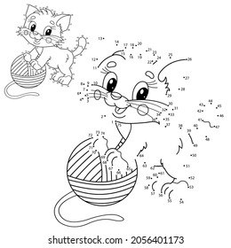 Puzzle Game for kids: numbers game. Coloring Page Outline Of cartoon little cat with balls of yarn. Cute playful kitten. Coloring Book for children.