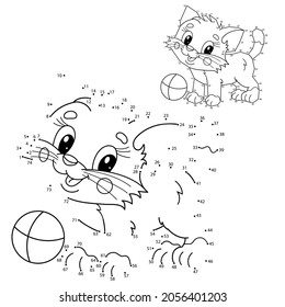 Puzzle Game for kids: numbers game. Coloring Page Outline Of cartoon little cat with toy ball. Cute playful kitten. Coloring Book for children.