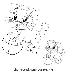 Puzzle Game for kids: numbers game. Coloring Page Outline Of cartoon little cat with toy ball. Cute playful kitten. Coloring Book for children.