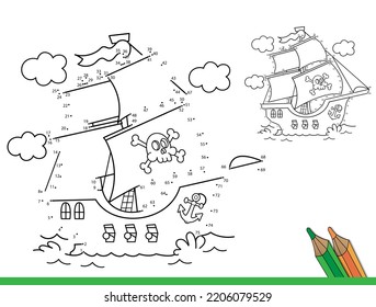 Puzzle Game for kids: numbers game. Coloring Page Outline Of cartoon pirate ship. Sailboat with black sails with skull in sea. Coloring Book for children.