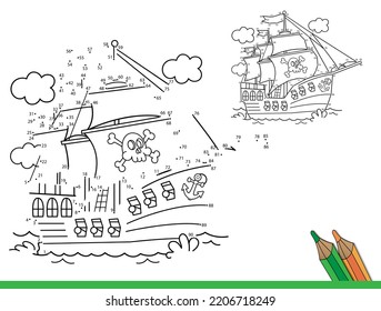 Puzzle Game for kids: numbers game. Coloring Page Outline Of cartoon pirate ship. Sailboat with black sails with skull in sea. Coloring Book for children.