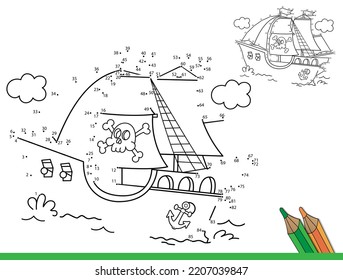 Juego del rompecabezas para los niños: juego de números. Esbozo de página de color del barco pirata de dibujos animados. Barco de vela con velas negras con cráneo en el mar. Libro de Colores para niños.