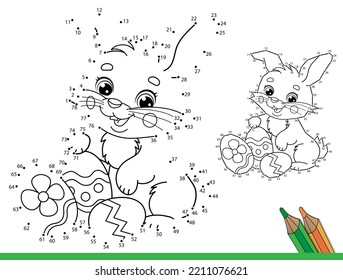 Puzzle Game for kids: numbers game. Coloring Page Outline Of cartoon cute Easter bunny with eggs and sweets. Coloring Book for children.