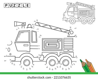 Puzzle Game for kids: numbers game. Coloring Page Outline Of cartoon fire truck. Coloring Book for children.