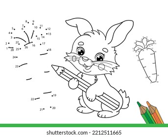 Puzzle Game for kids: numbers game. Coloring Page Outline Of cartoon cute bunny or rabbit with carrot. Coloring Book for children.