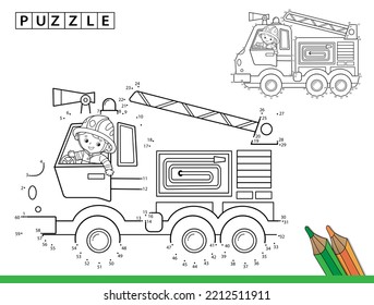 Puzzle Game für Kinder: Zahlenspiel. Farbseite Umriss von Cartoon Feuerwehrwagen mit Feuerwehrmann oder Feuerwehrmann. Farbbuch für Kinder.