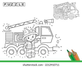 Puzzle Game für Kinder: Zahlenspiel. Farbseite Umriss von Cartoon Feuerwehrwagen mit Feuerwehrmann oder Feuerwehrmann. Farbbuch für Kinder.