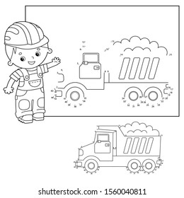 Puzzle Game for kids: numbers game. Lorry or dump truck. Construction vehicles. Coloring book for kids.