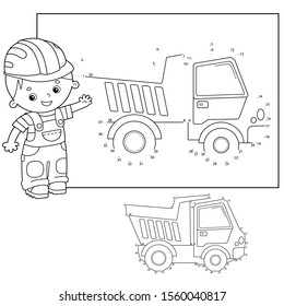 Puzzle Game for kids: numbers game. Lorry or dump truck. Construction vehicles. Coloring book for kids.
