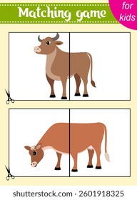 Puzzle game for kids. Puzzle pieces. Farm animals. Bull and cow. Education worksheet. Activity page. 