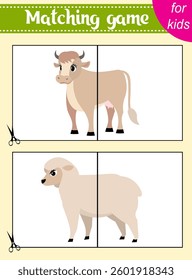Puzzle game for kids. Puzzle pieces. Farm animals. Cow and sheep. Education worksheet. Activity page.