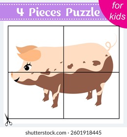 Puzzle game for kids. Puzzle pieces. Farm animals. Dirty pig. Education worksheet. Activity page. 