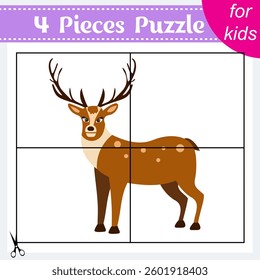 Puzzle game for kids. Puzzle pieces. Zoo animals. Deer with antlers. Education worksheet. Activity page.