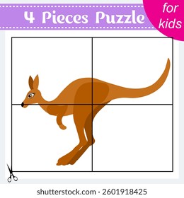 Puzzle game for kids. Puzzle pieces. Zoo animals. Kangaroo jumping. Education worksheet. Activity page. 