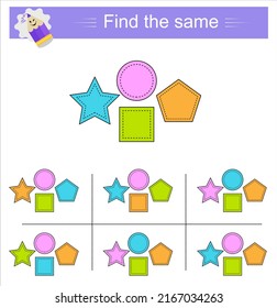 Puzzle-Spiel für Kinder. Aufgabe der Entwicklung von Aufmerksamkeit und Logik. Sie müssen dieselbe Gruppe geometrischer Formen finden.  Vektorgrafik.	