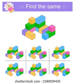 Juego de rompecabezas para los niños. Tarea para el desarrollo de la atención y la lógica. Necesito encontrar el mismo grupo de cubos. Ilustración vectorial.