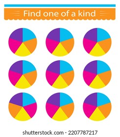 Puzzle game for kids. Task for development of attention and logic. Need to find one of a kind circle. Vector illustration.