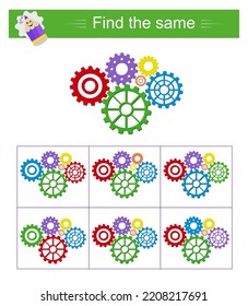 Puzzle game for kids. Task for development of attention and logic. Need to find same group of cogwheels. Vector illustration.