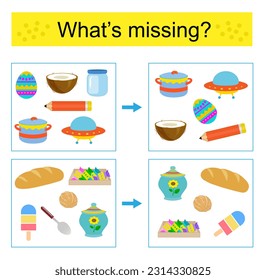 Puzzle game for kids. Task for the development of attention and logic. Find the missing object. Vector illustration.